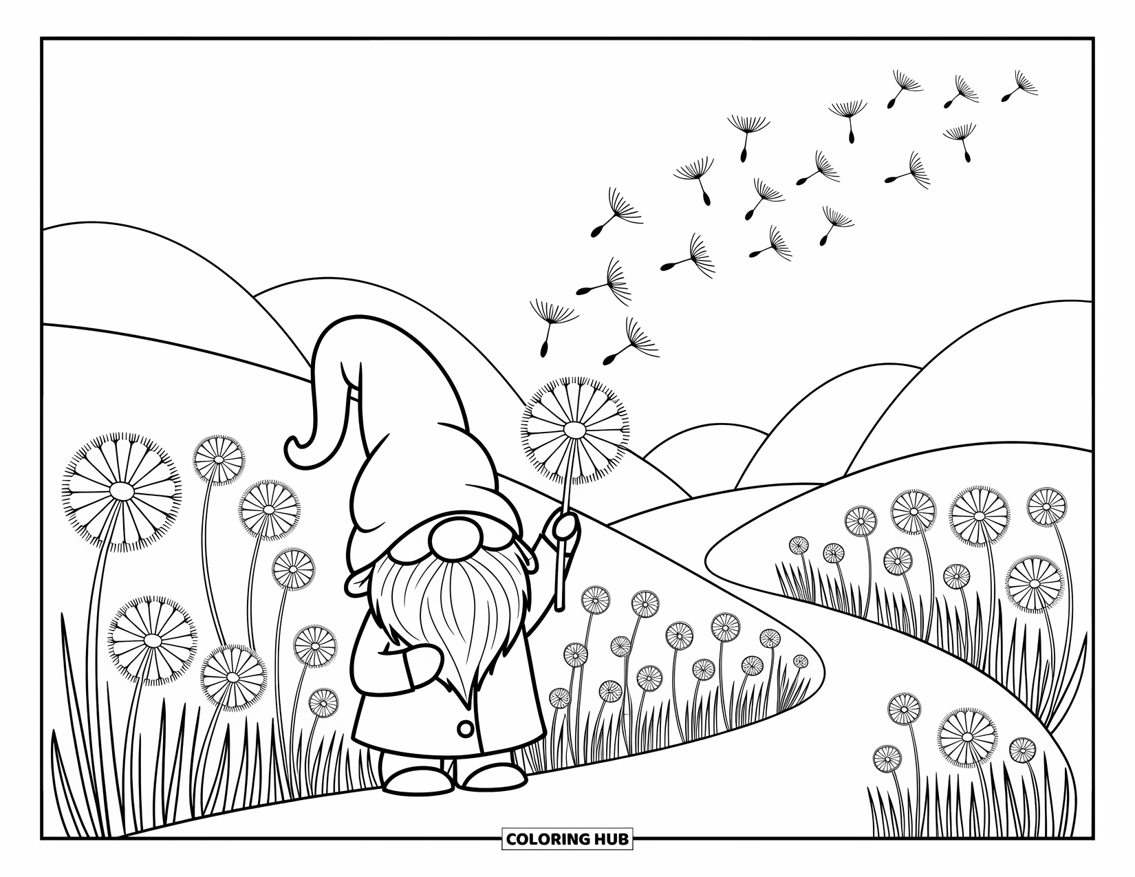 Spring Gnome Coloring Page for Adults: A gnome lets go of dandelion seeds as they float into the warm air