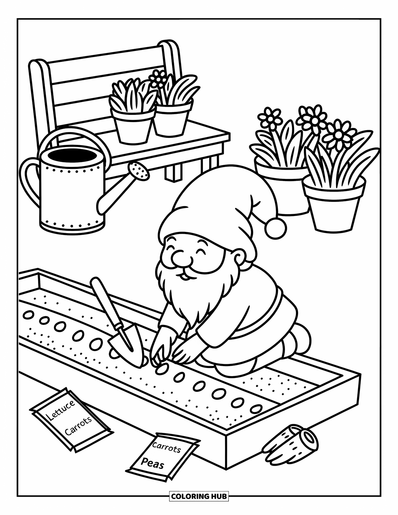 Spring Gnome Coloring Page for Adults: A gnome plants seeds with a trowel, near a watering can and garden gloves