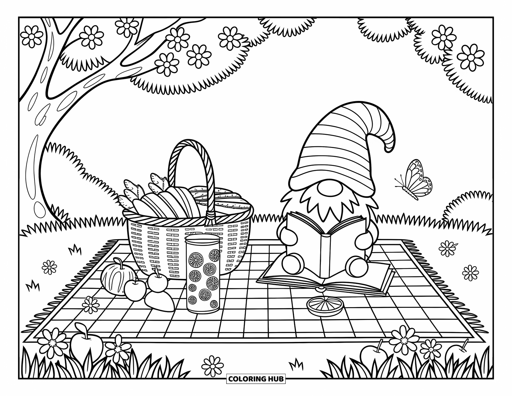 Spring Gnome Coloring Page for Adults: A gnome reads beneath a tree with a picnic spread of snacks and flowers