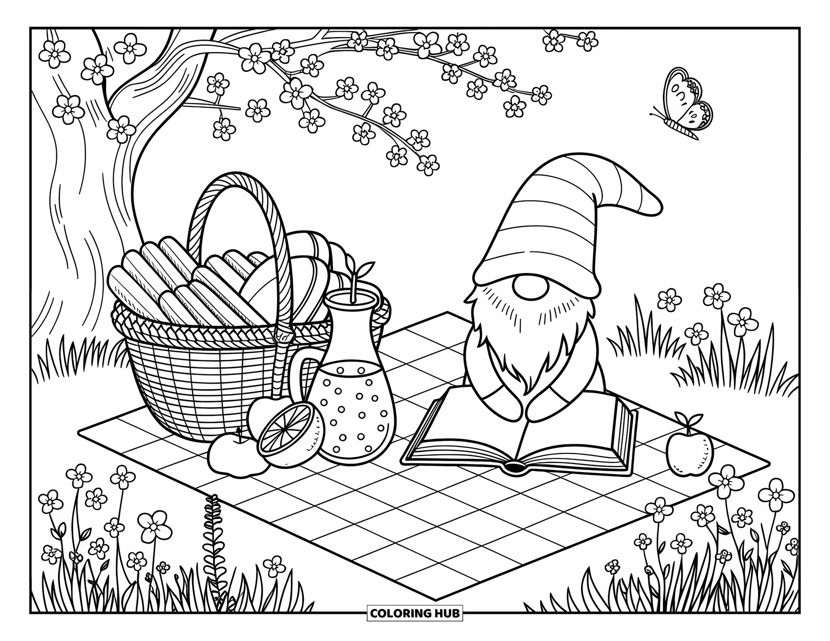Spring Gnome Coloring Page for Adults: A gnome relaxes with a book beside lemonade, apples, and blooming wildflowers