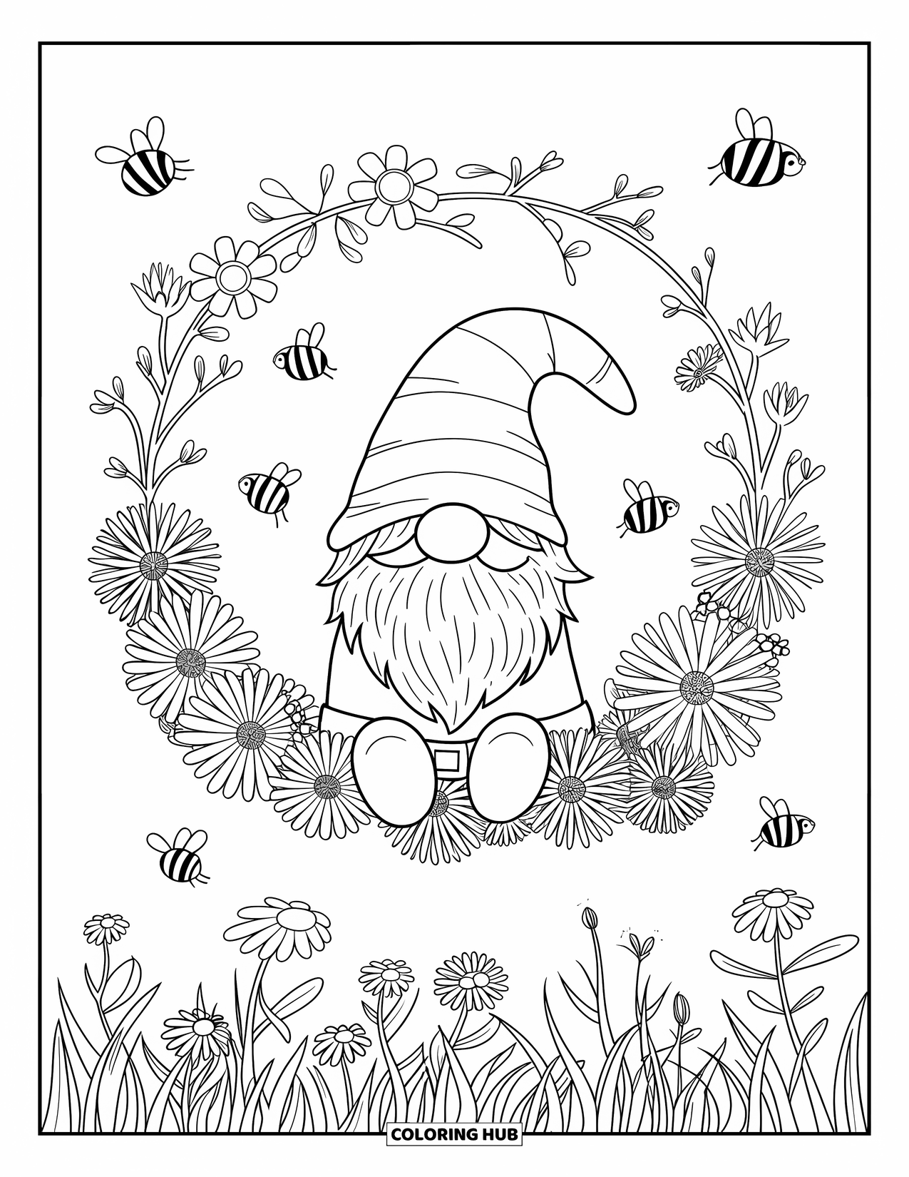 Spring Gnome Coloring Page for Adults: A gnome rests inside a flower wreath surrounded by bees and ladybugs