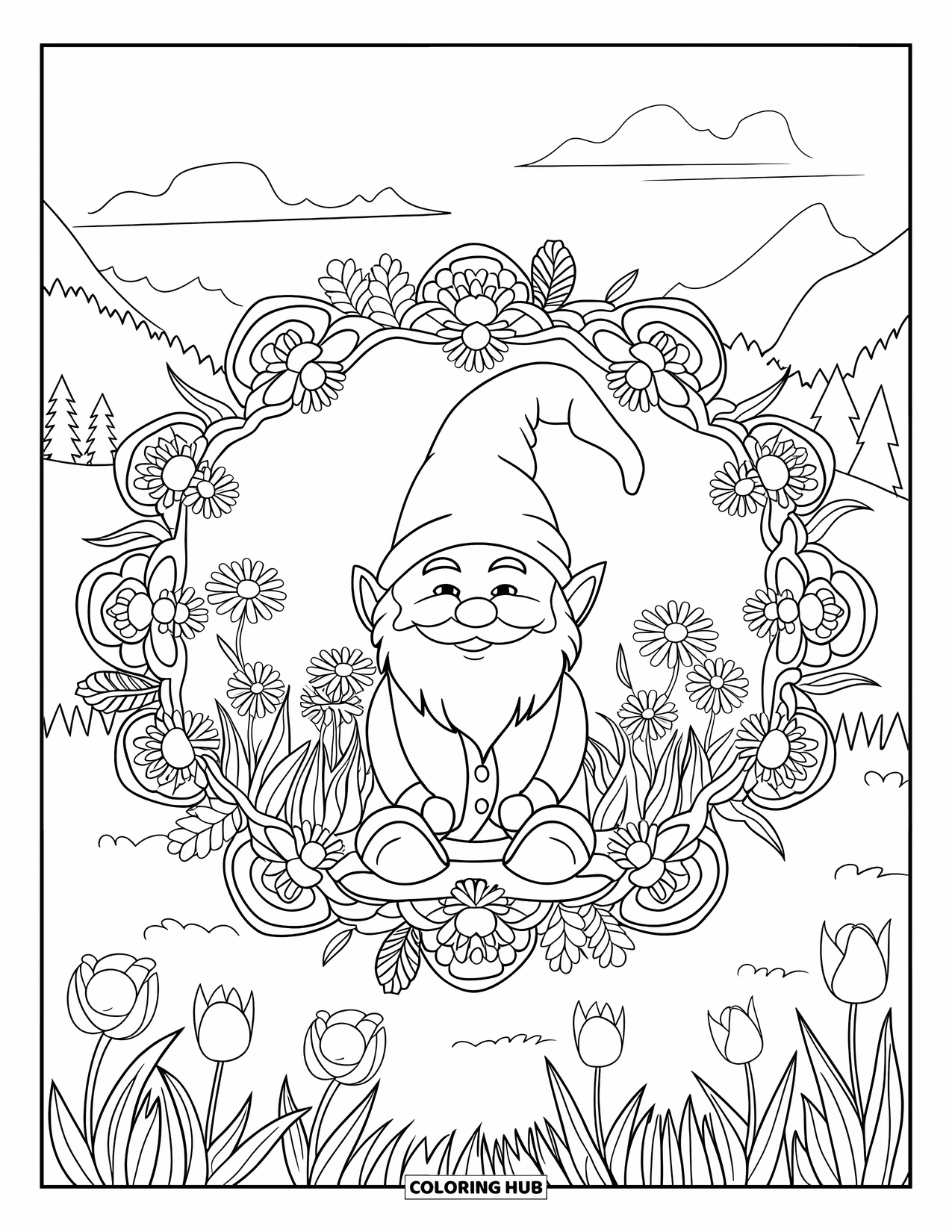 Spring Gnome Coloring Page for Adults: A gnome sits in the center of a mandala made of springtime blooms