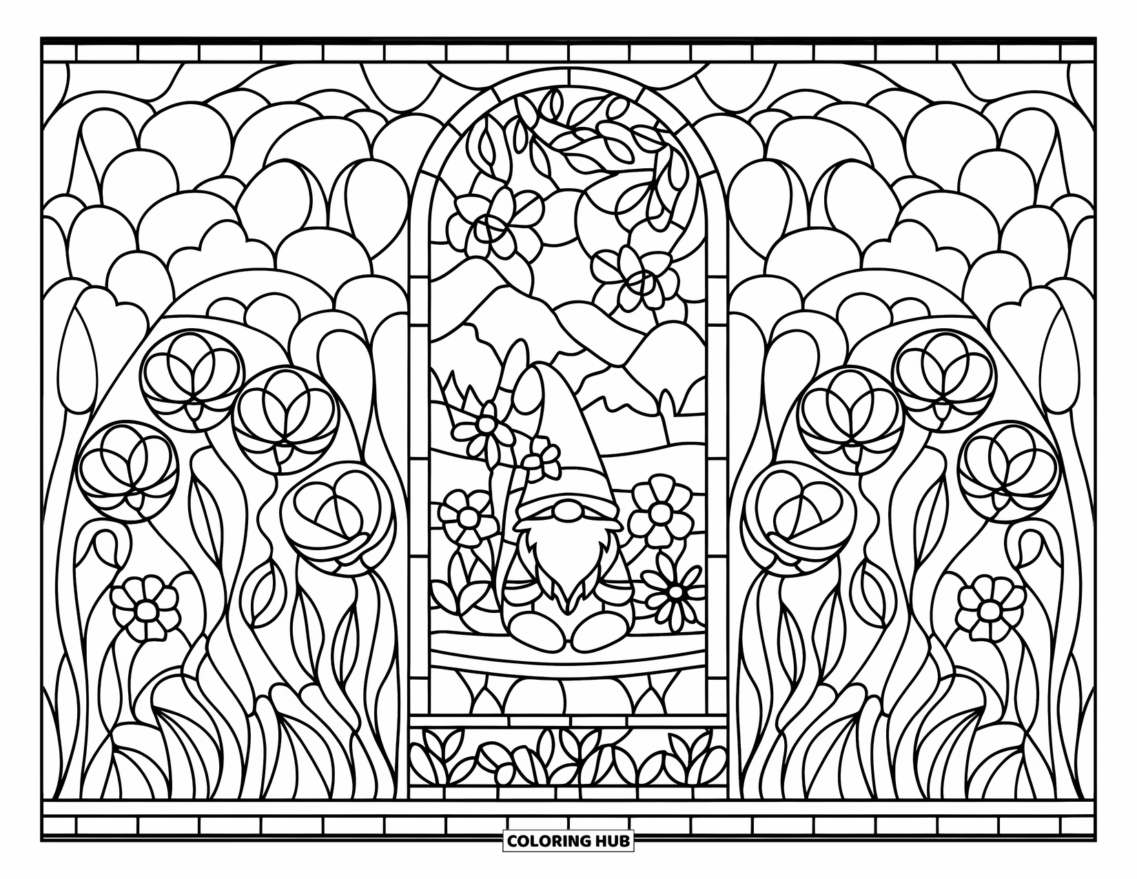 Spring Gnome Coloring Page for Adults: A gnome sits on a bench surrounded by flowers in a calming stained glass scene