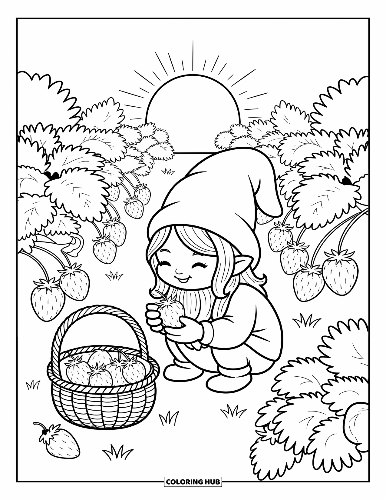 Spring Gnome Coloring Page for Adults: A gnome smiles while picking strawberries as a ladybug crawls nearby