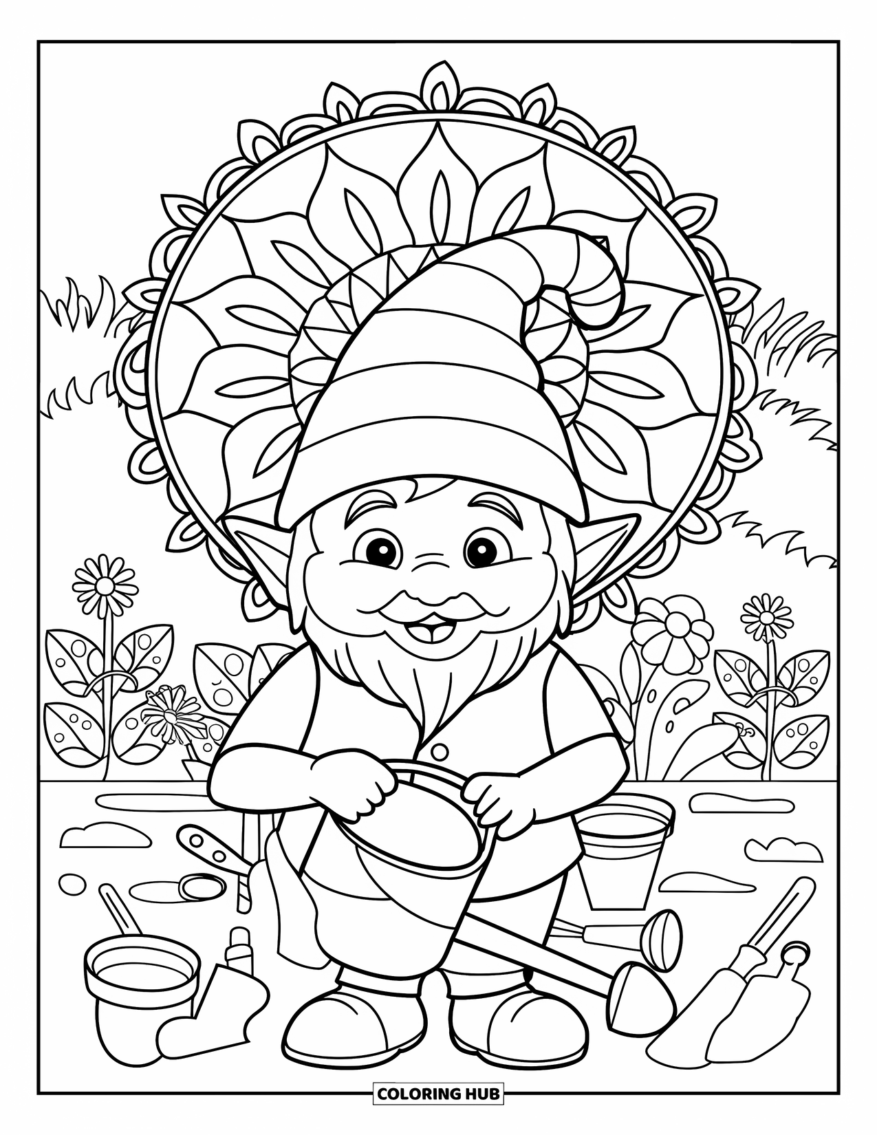 Spring Gnome Coloring Page for Adults: A gnome waters flowers in a garden filled with tools and mandala blooms