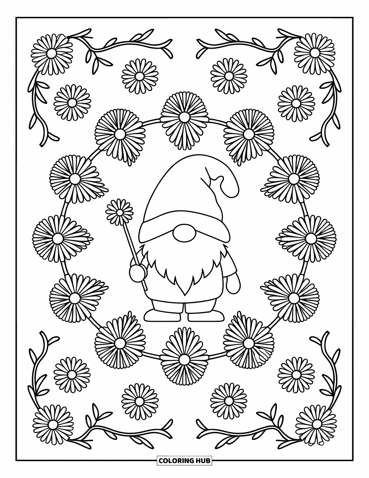 Spring Gnome Coloring Page for Adults: A gnome with a wand sits in a daisy-filled mandala garden