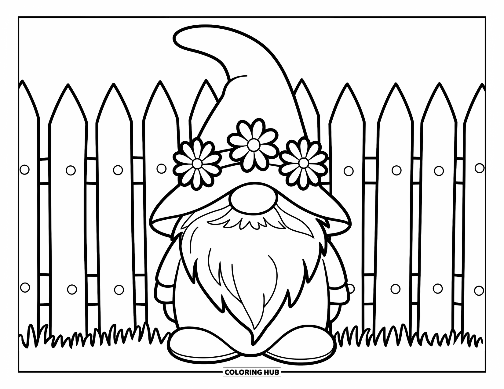 Spring Gnome Coloring Page for Kids: A cheerful gnome in a flower hat stands by a wooden fence