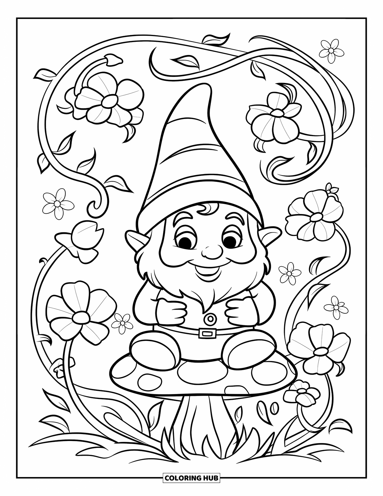 Spring Gnome Coloring Page for Kids: A cheerful gnome on a mushroom is surrounded by swirling vines and flowers