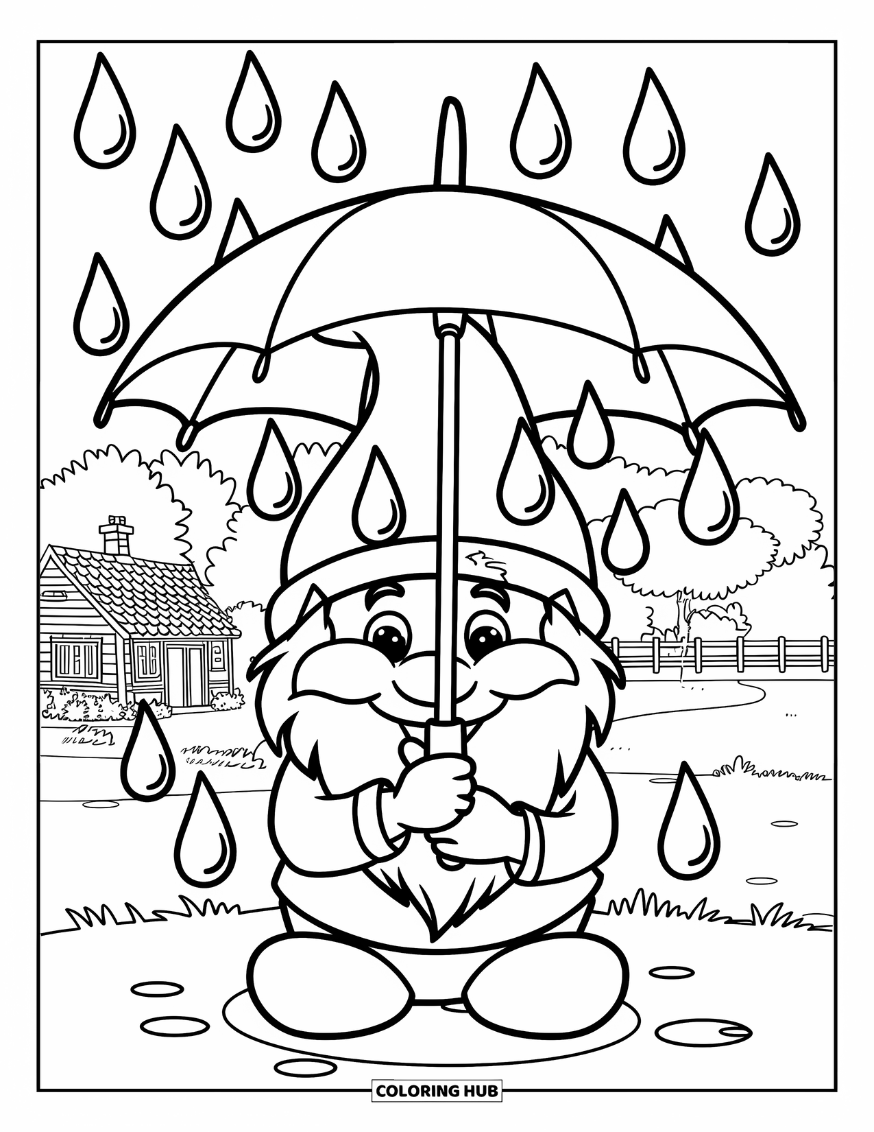 Spring Gnome Coloring Page for Kids: A cheerful gnome with an umbrella watches rain fall in a grassy meadow