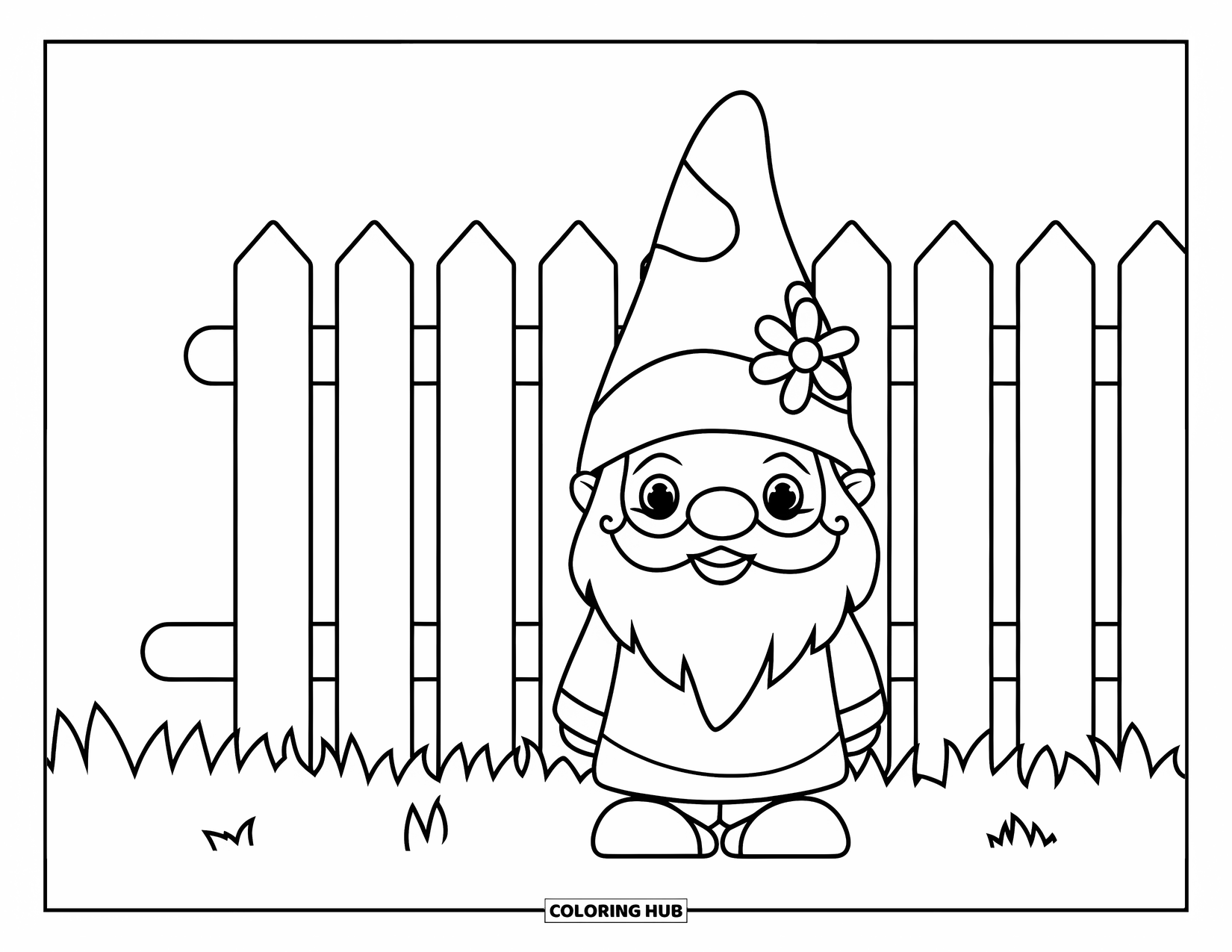 Spring Gnome Coloring Page for Kids: A flower-hat gnome rests beside a picket fence in a grassy field