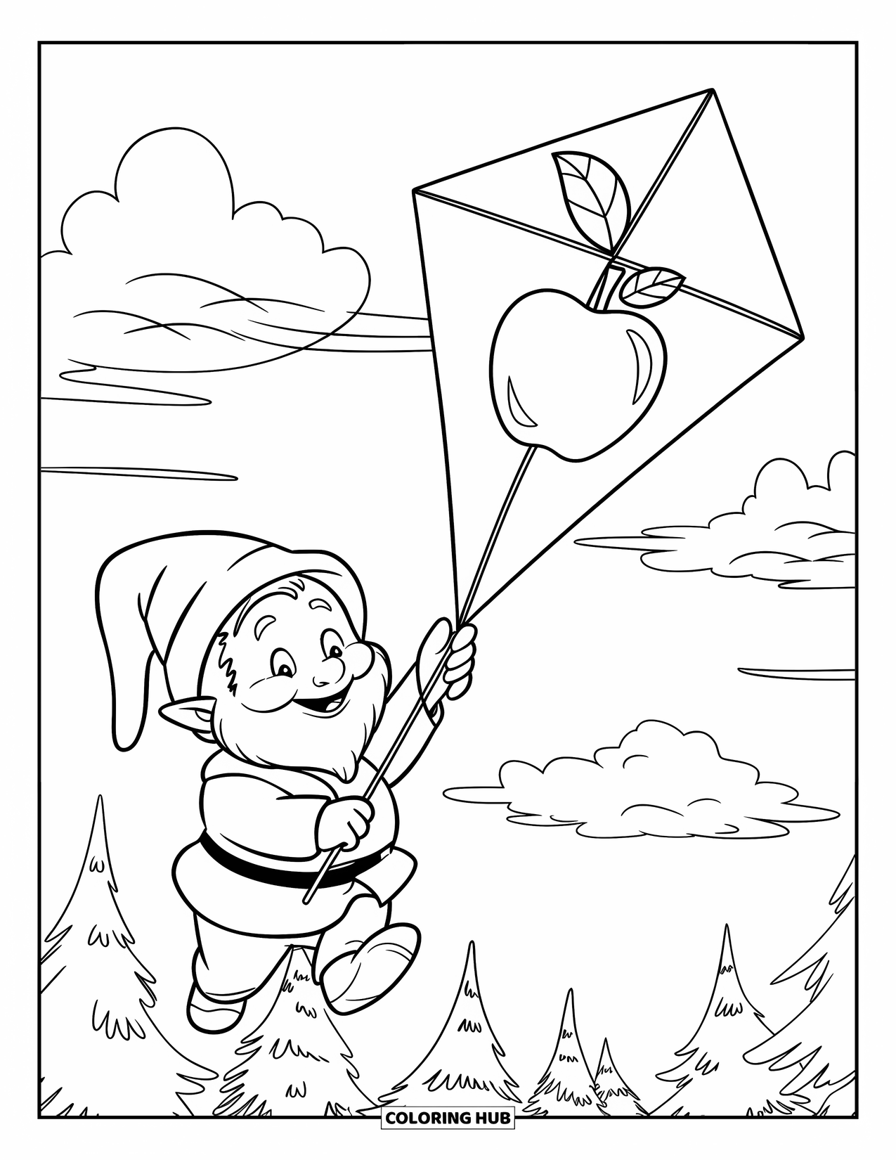 Spring Gnome Coloring Page for Kids: A gnome enjoys kite flying on a breezy day under the clouds