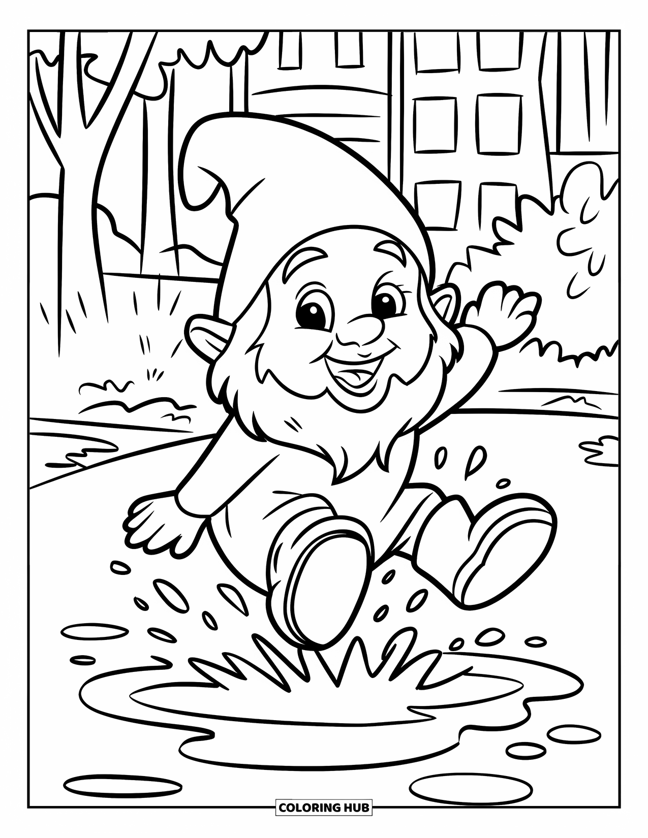 Spring Gnome Coloring Page for Kids: A gnome happily splashes in a puddle after spring rain