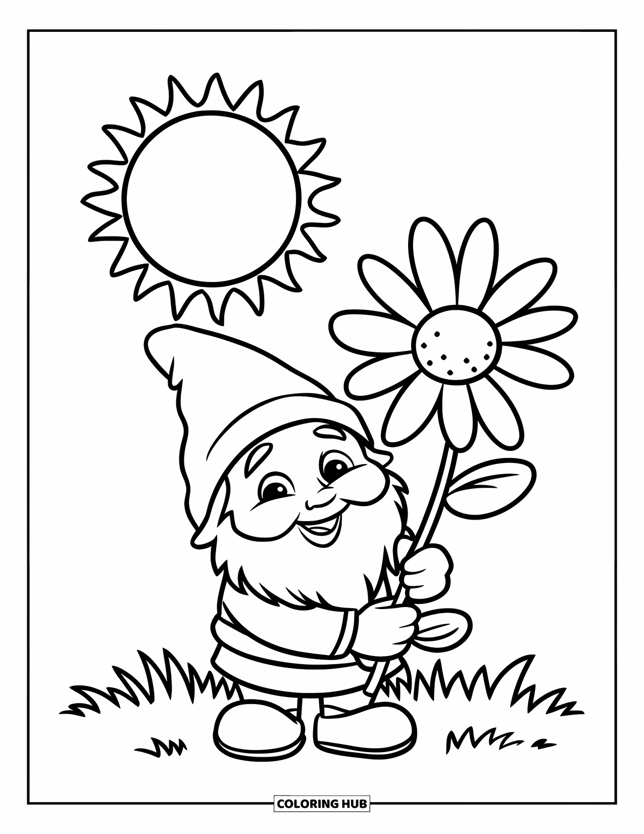Spring Gnome Coloring Page for Kids: A gnome holds a daisy while a smiling sun shines above