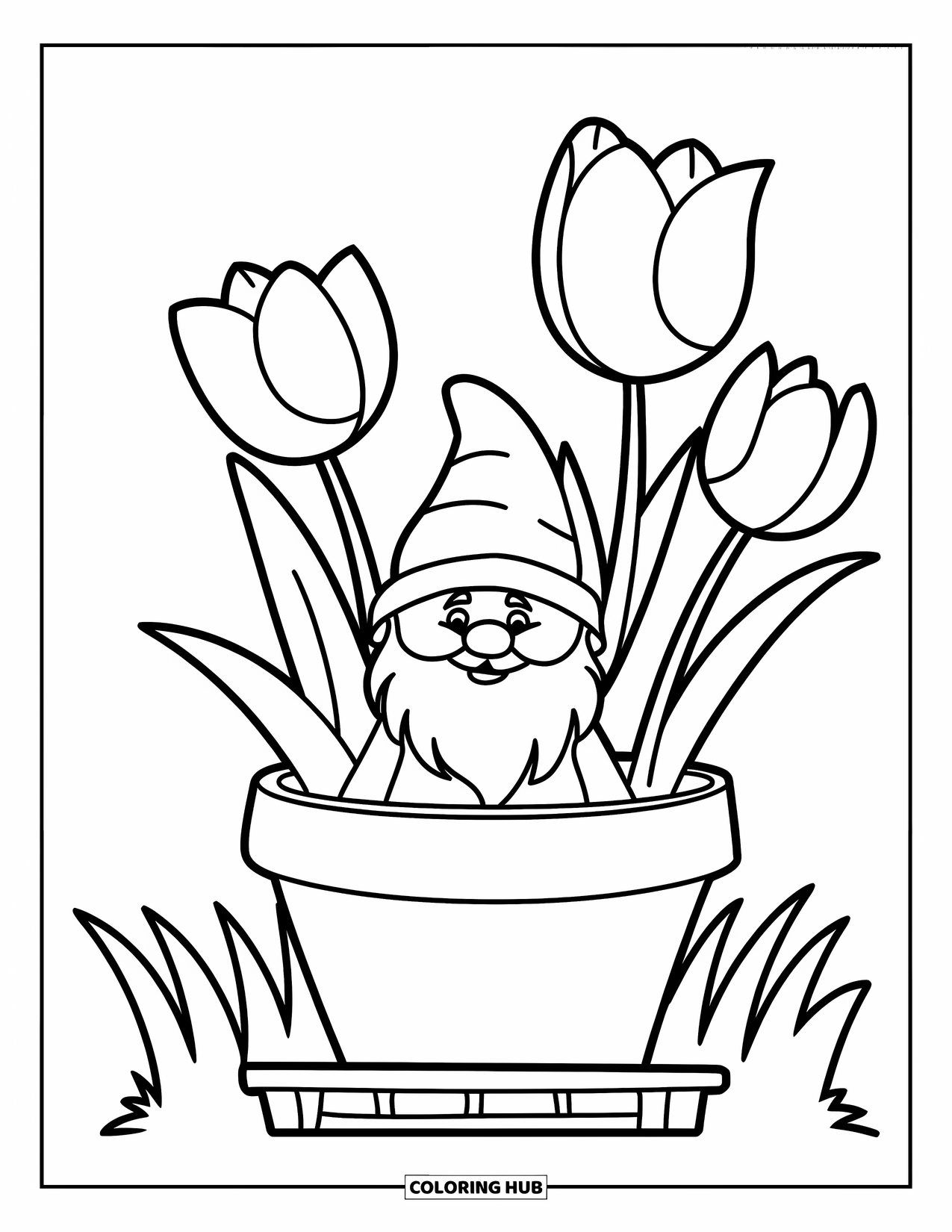 Spring Gnome Coloring Page for Kids: A gnome peeks from a flowerpot surrounded by giant tulips