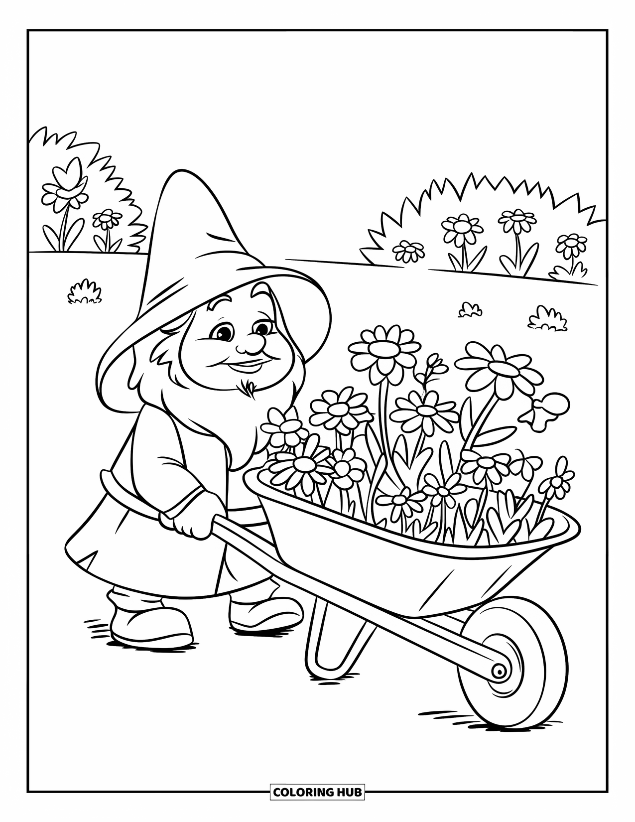 Spring Gnome Coloring Page for Kids: A gnome pushes a flower-filled wheelbarrow through a sunny meadow