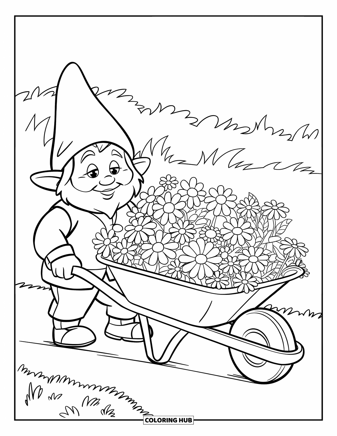 Spring Gnome Coloring Page for Kids: A gnome pushes a wheelbarrow bursting with flowers of all kinds