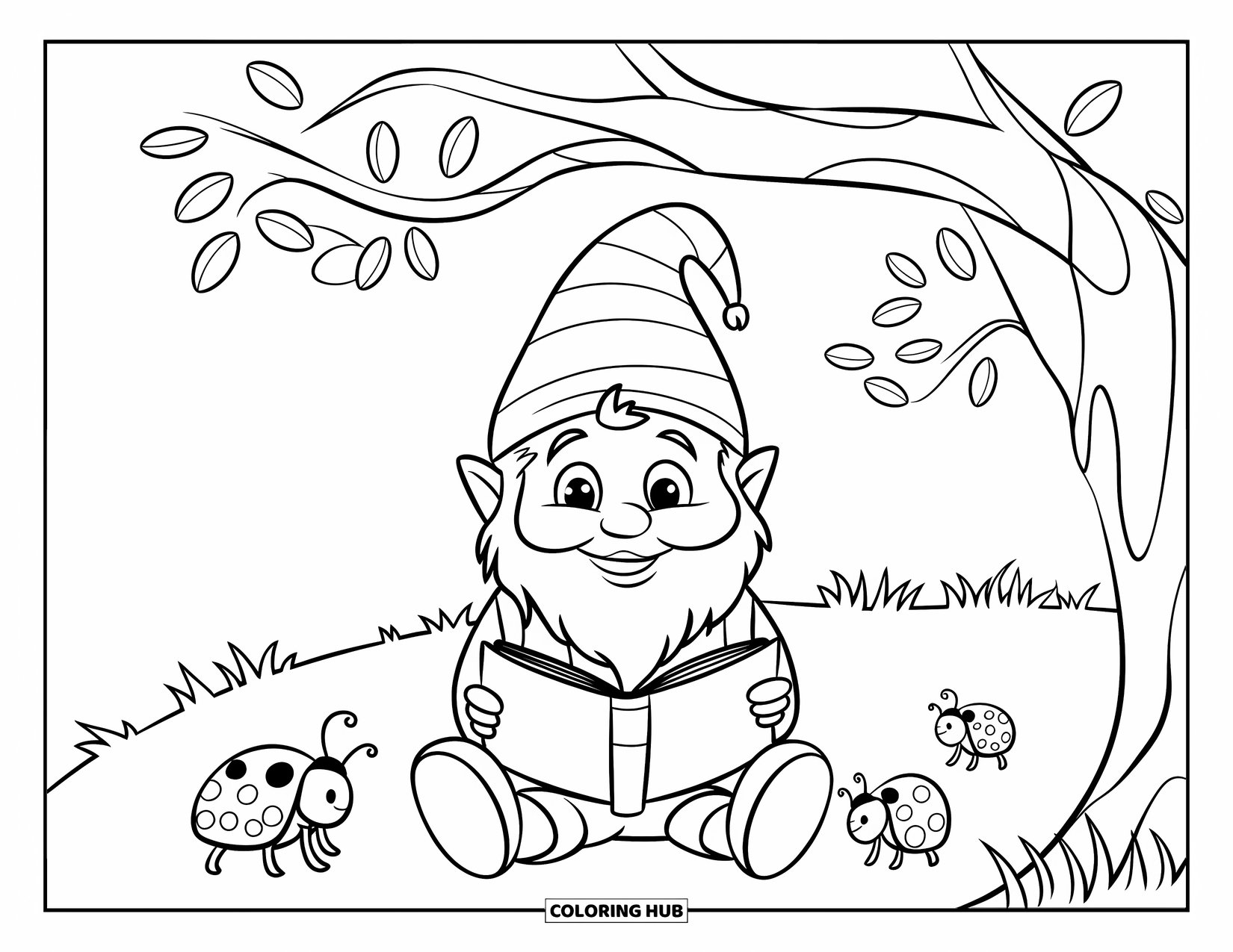 Spring Gnome Coloring Page for Kids: A gnome reads a book under a tree with ladybugs nearby