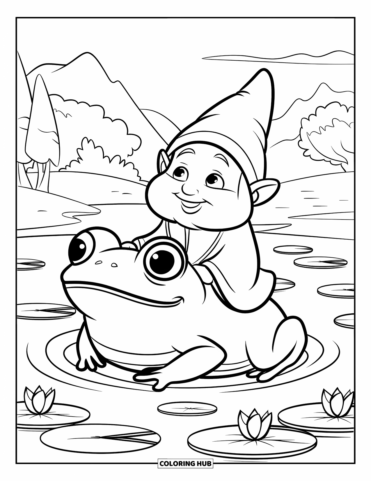 Spring Gnome Coloring Page for Kids: A gnome rides a smiling frog past flowers and castles