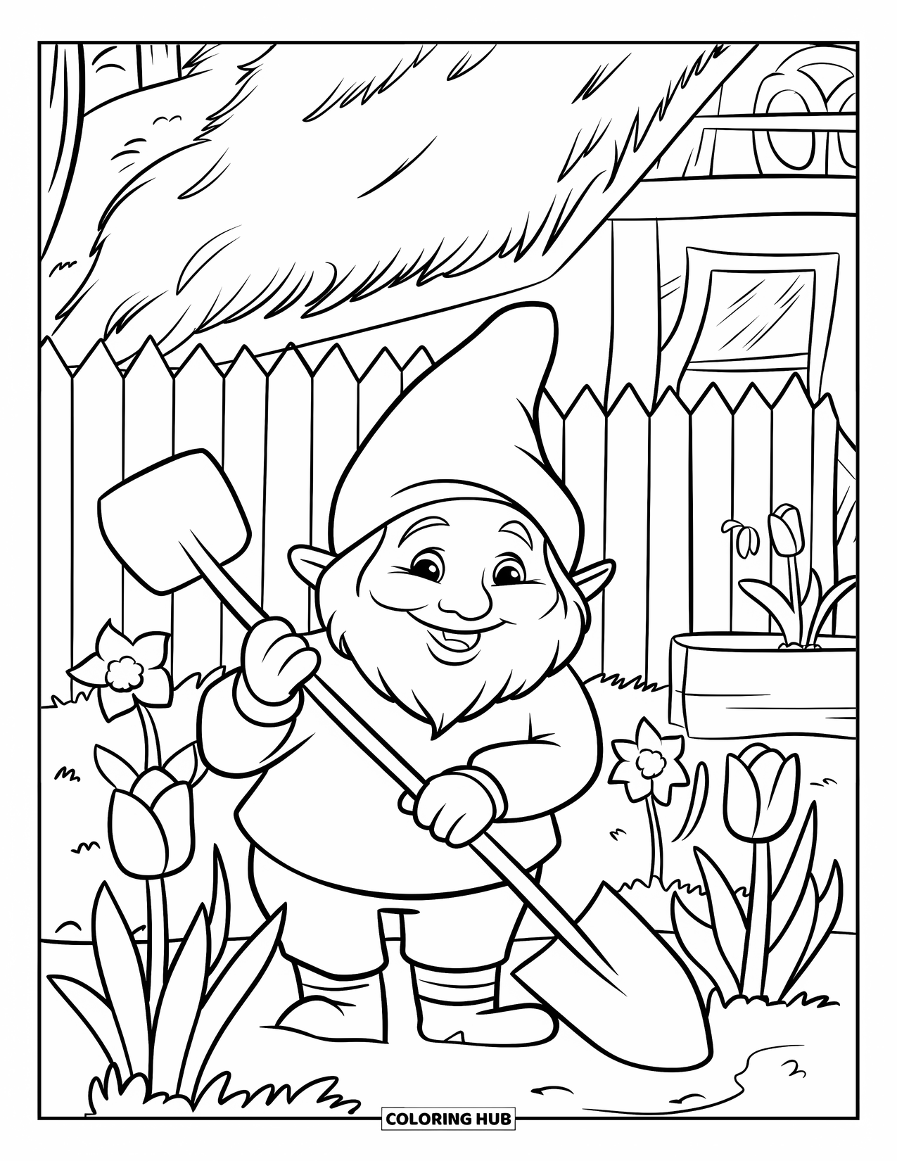 Spring Gnome Coloring Page for Kids: A gnome shovels in a flower garden near a cozy cabin