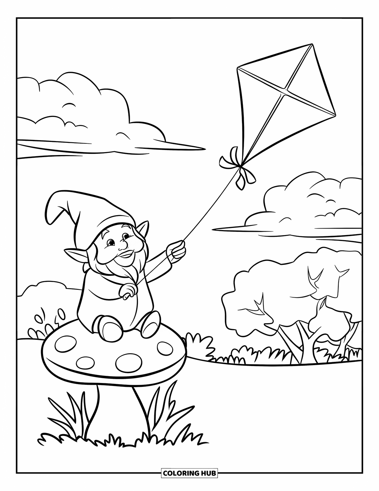 Spring Gnome Coloring Page for Kids: A gnome sits on a mushroom flying a kite under fluffy clouds