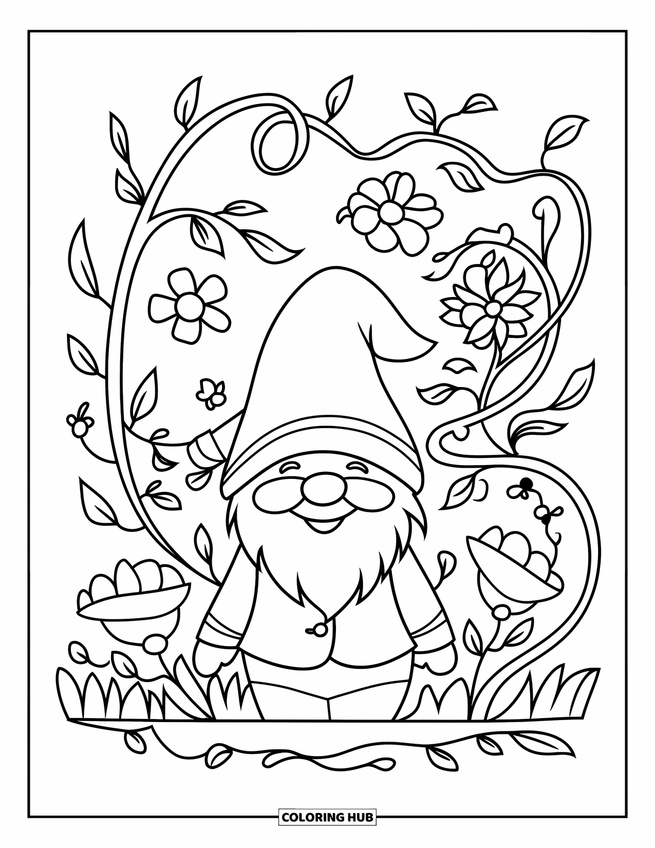 Spring Gnome Coloring Page for Kids: A gnome smiles among blossoming flowers and twisty vines