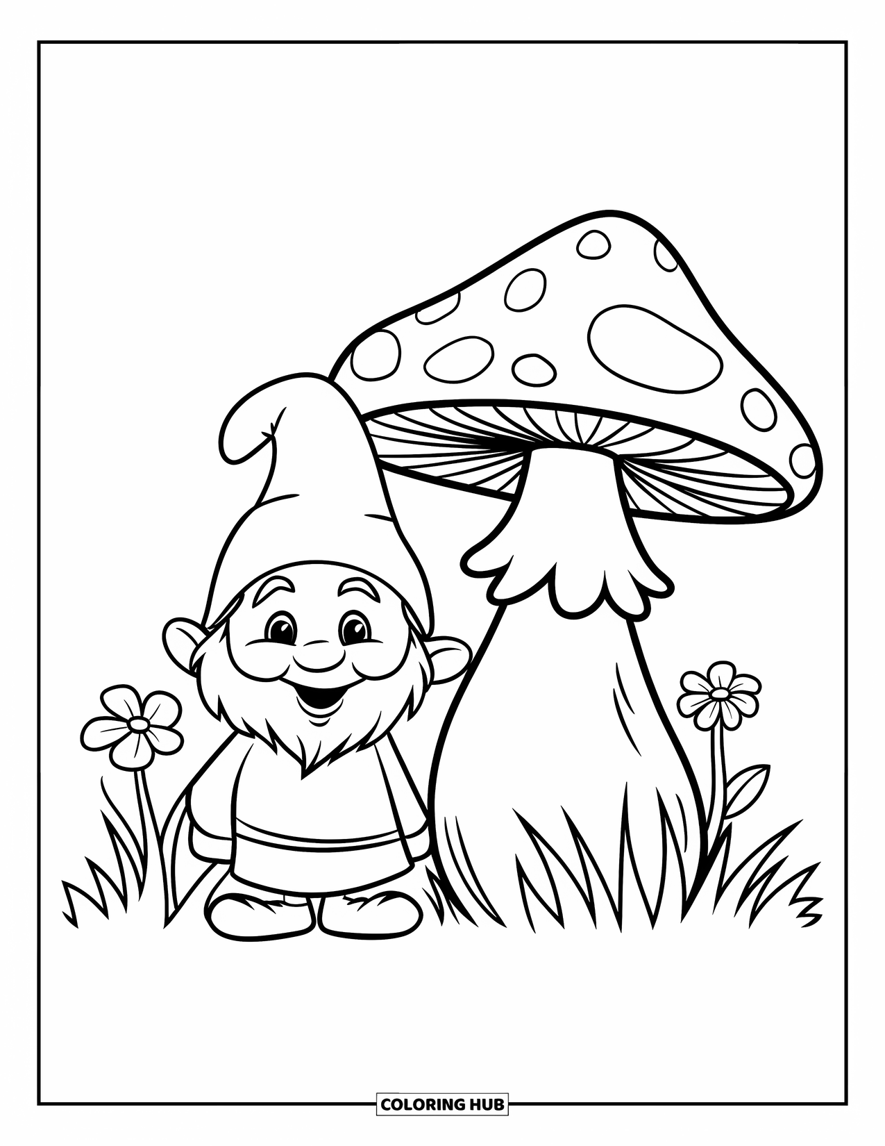 Spring Gnome Coloring Page for Kids: A gnome stands beside a mushroom in a grassy spring field