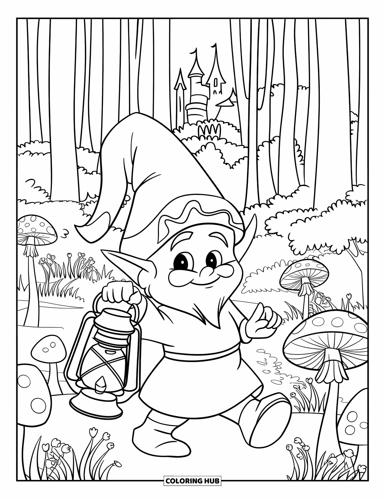 Spring Gnome Coloring Page for Kids: A gnome walks through a forest of flowers and bridges with a lantern