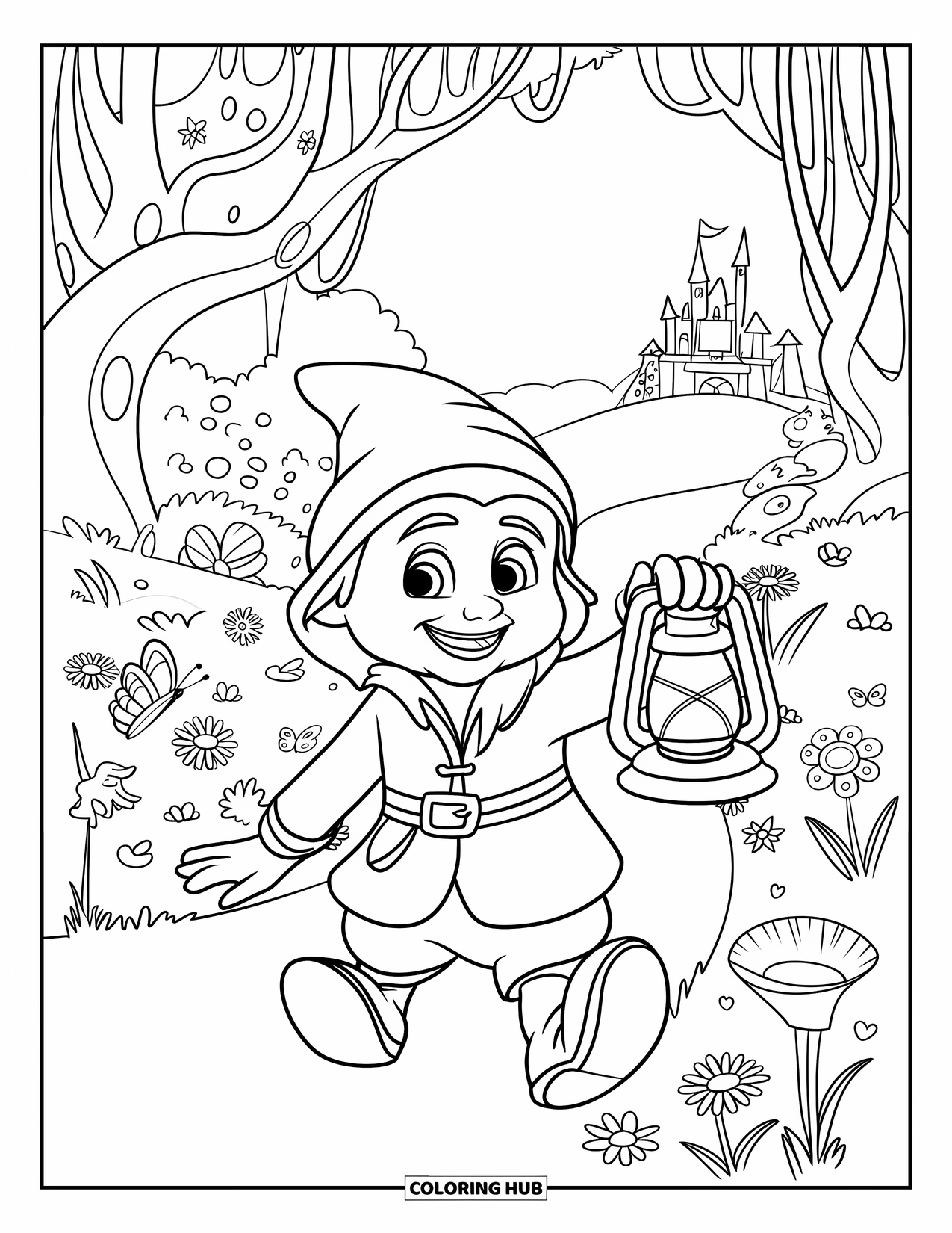 Spring Gnome Coloring Page for Kids: A gnome walks through a magical forest holding a glowing lantern