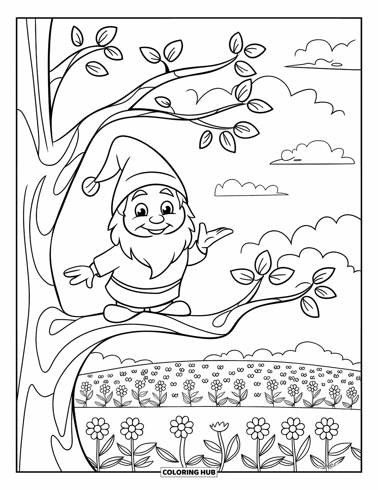 Spring Gnome Coloring Page for Kids: A gnome watches over flowers from a high tree branch