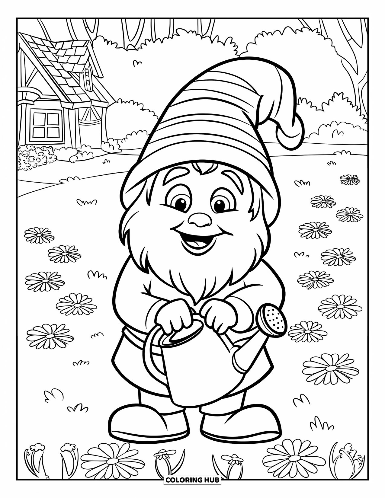 Spring Gnome Coloring Page for Kids: A gnome waters flowers with a watering can in a blooming garden