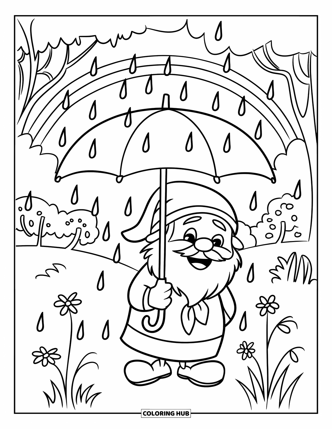 Spring Gnome Coloring Page for Kids: A gnome with an umbrella stands in spring rain near flowers