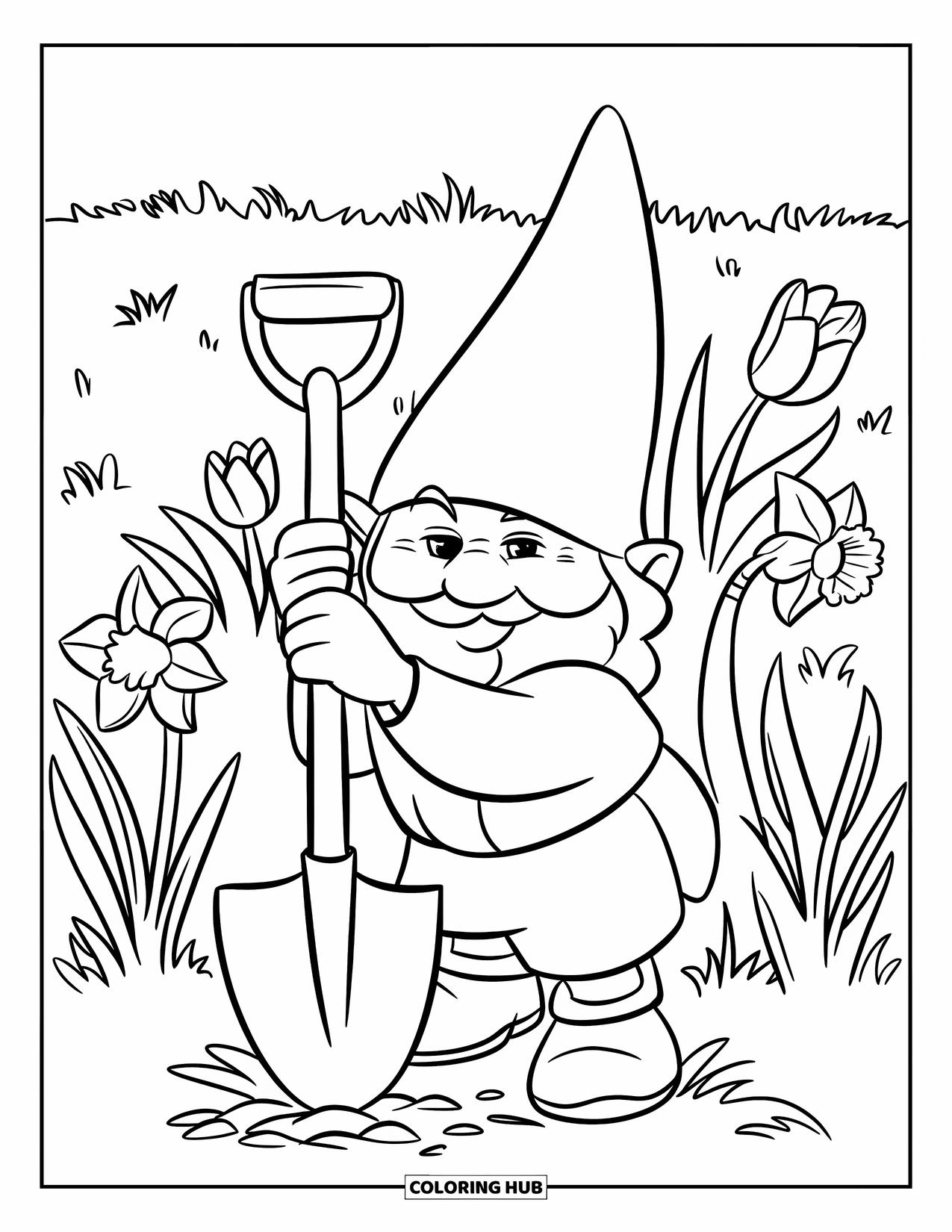 Spring Gnome Coloring Page for Kids: A green-hat gnome digs in a flower garden with bright tulips