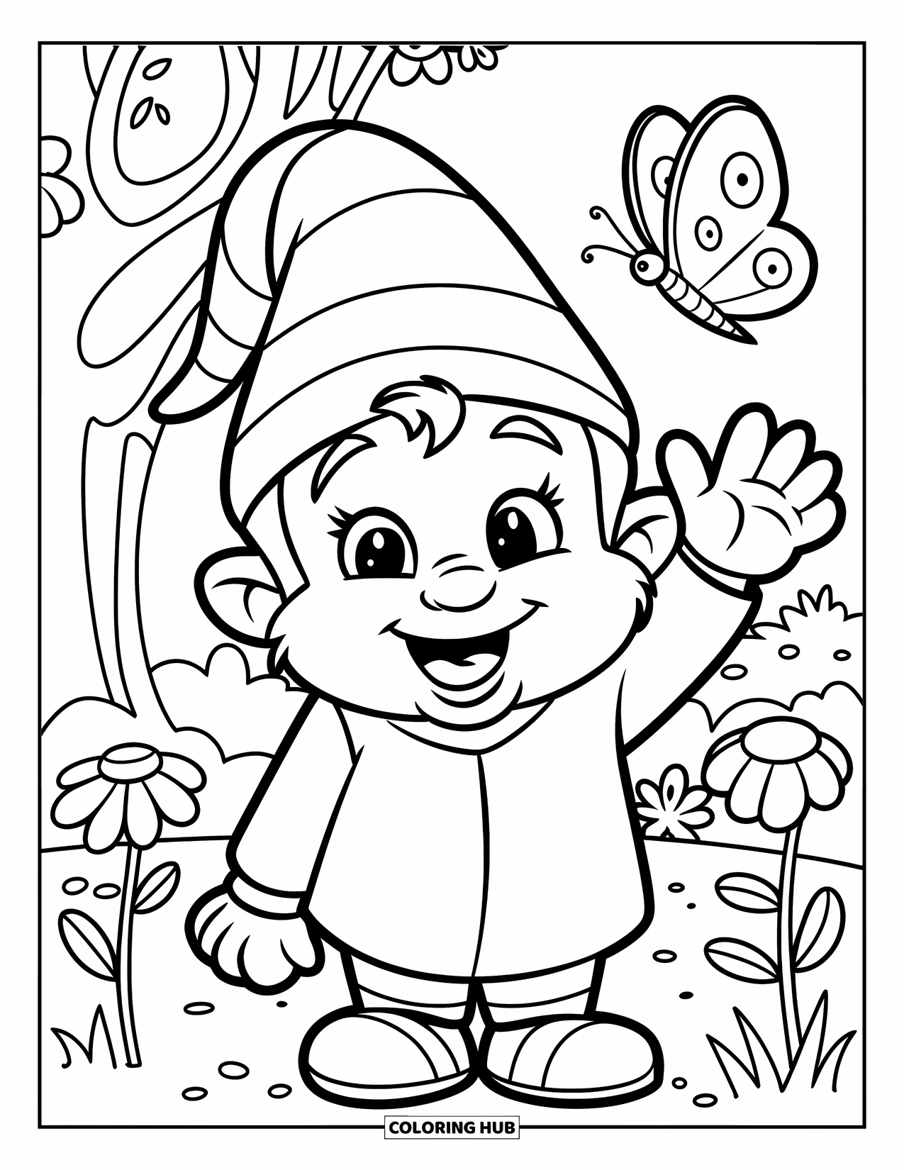Spring Gnome Coloring Page for Kids: A happy gnome waves as a butterfly flutters nearby