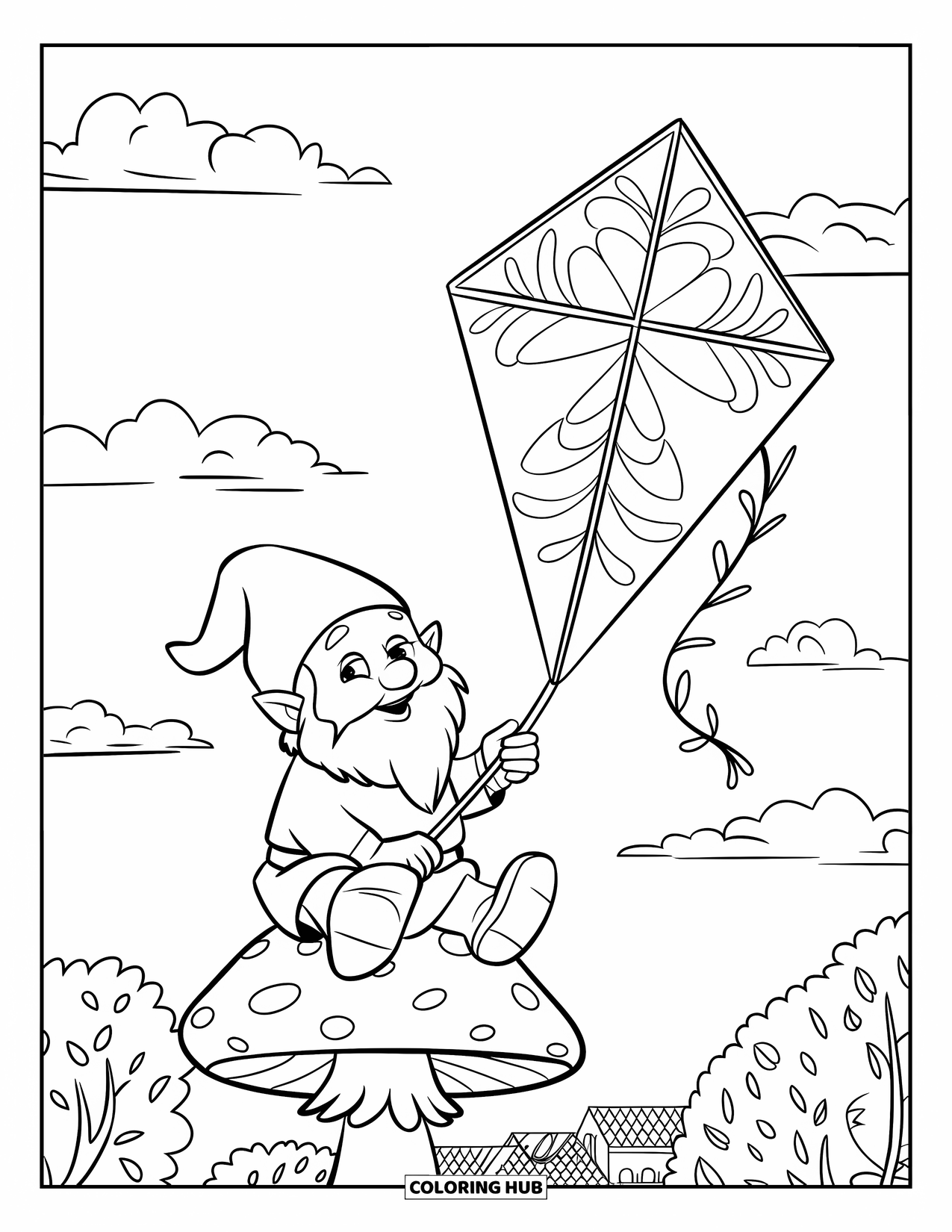 Spring Gnome Coloring Page for Kids: A kite-flying gnome sits on a mushroom near trees and houses