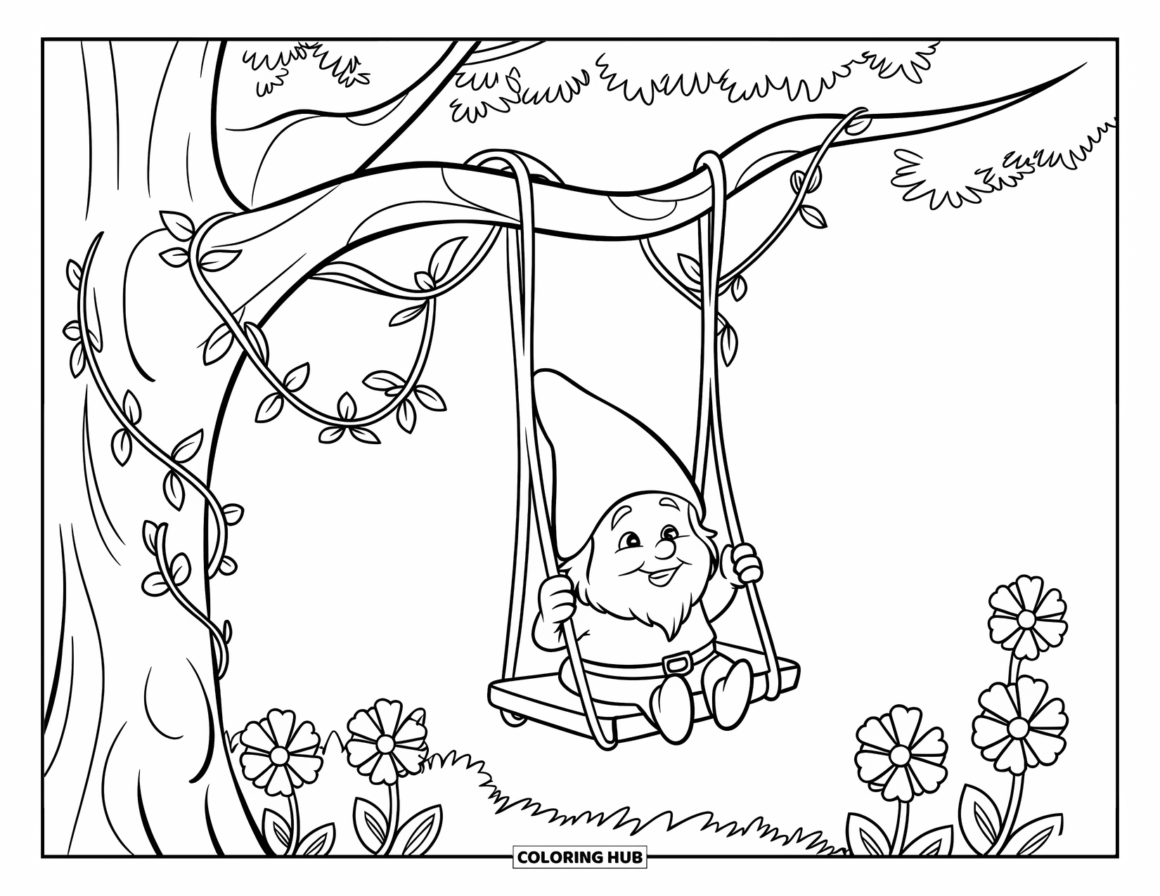 Spring Gnome Coloring Page for Kids: A playful gnome swings on a branch among flowers and twisting vines