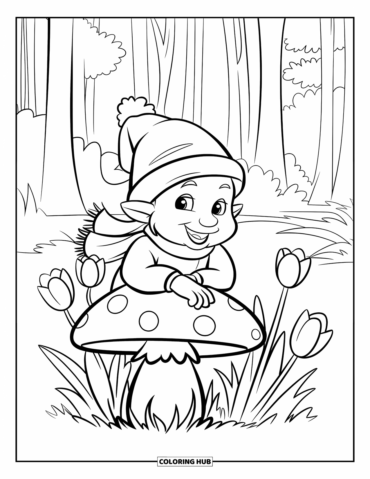 Spring Gnome Coloring Page for Kids: A scarf-wearing gnome leans on a mushroom in a peaceful spring forest