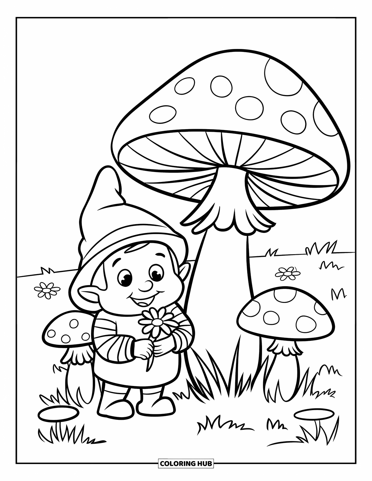 Spring Gnome Coloring Page for Kids: A smiling gnome holds a flower near a mushroom in a green field