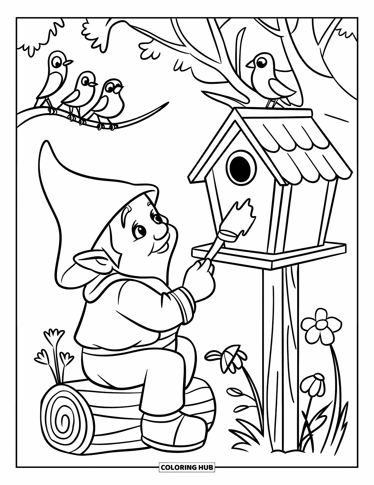 Spring Gnome Coloring Page for Kids: A spring gnome paints a birdhouse in a garden full of birds