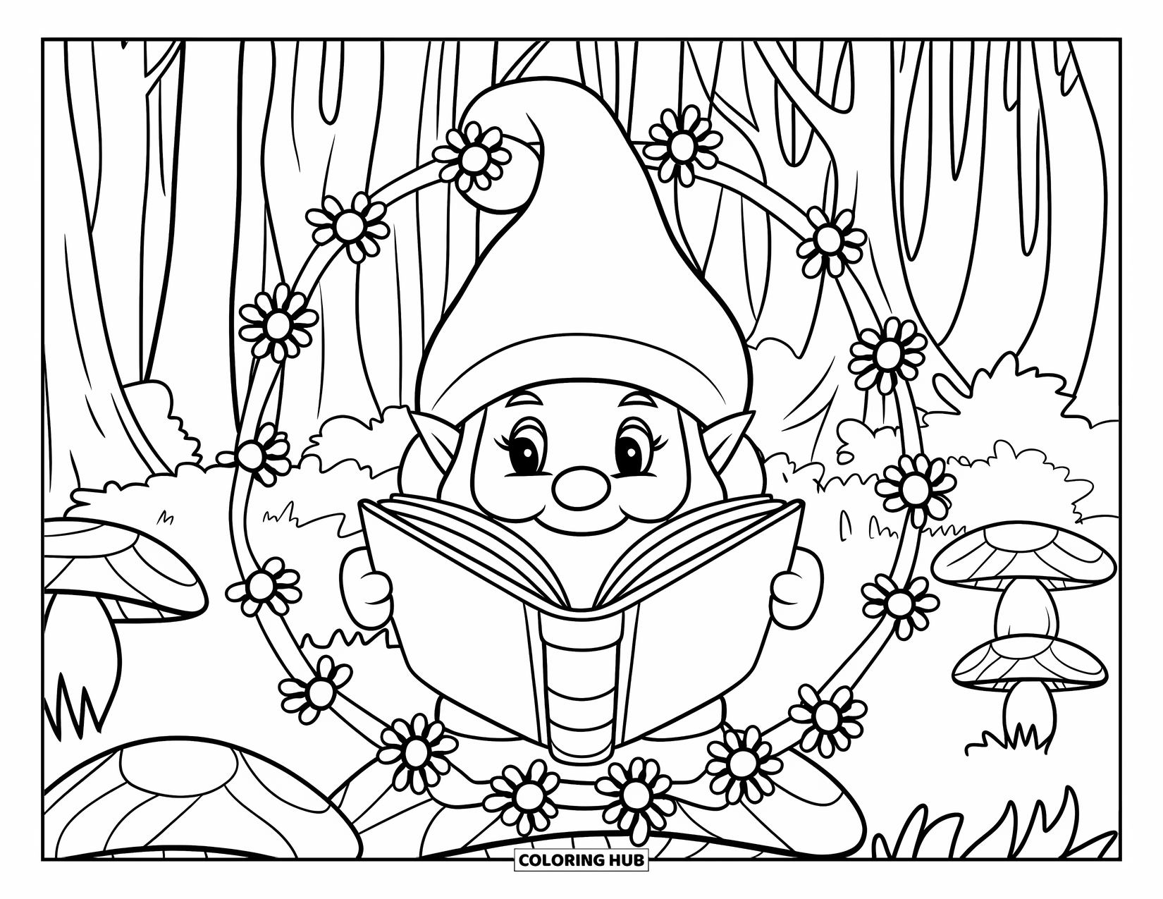 Spring Gnome Coloring Page for Kids: A spring gnome reads a spellbook while sitting on a mushroom in a magical forest