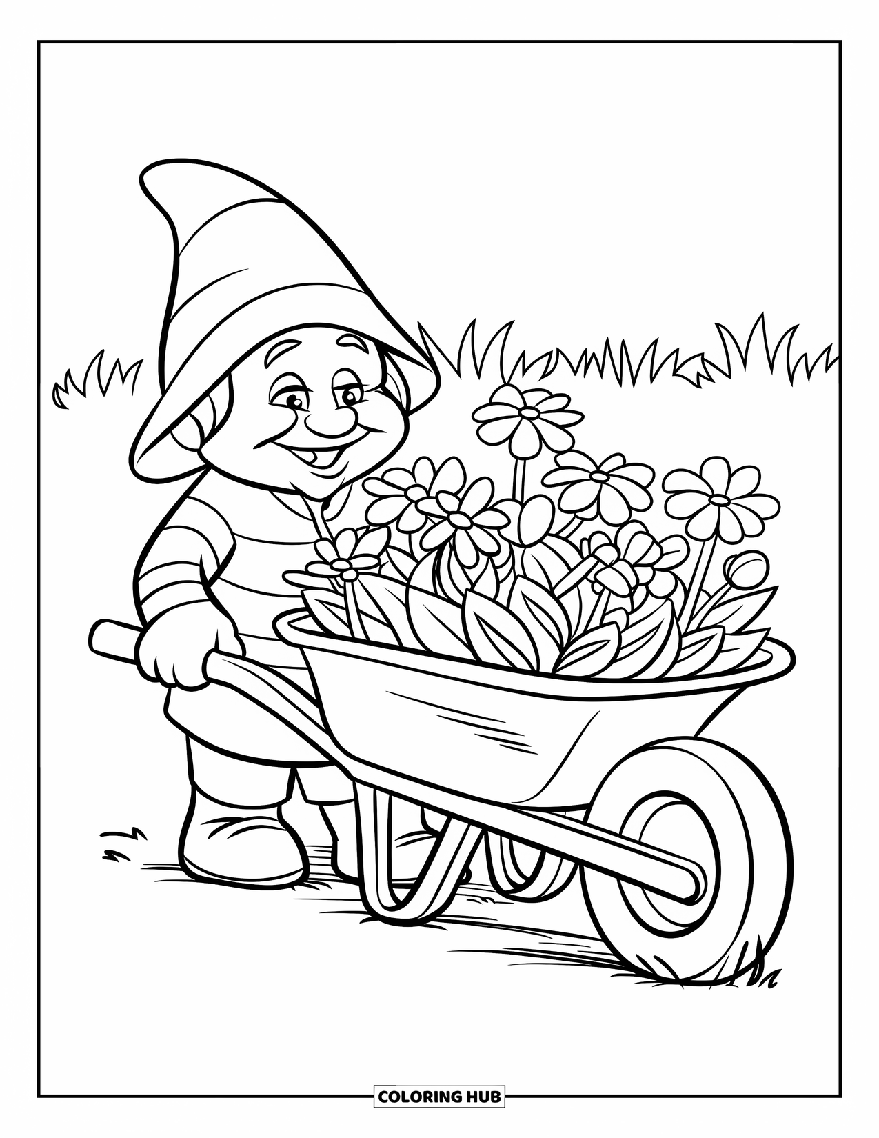 Spring Gnome Coloring Page for Kids: A striped-shirt gnome carries a wheelbarrow full of spring flowers