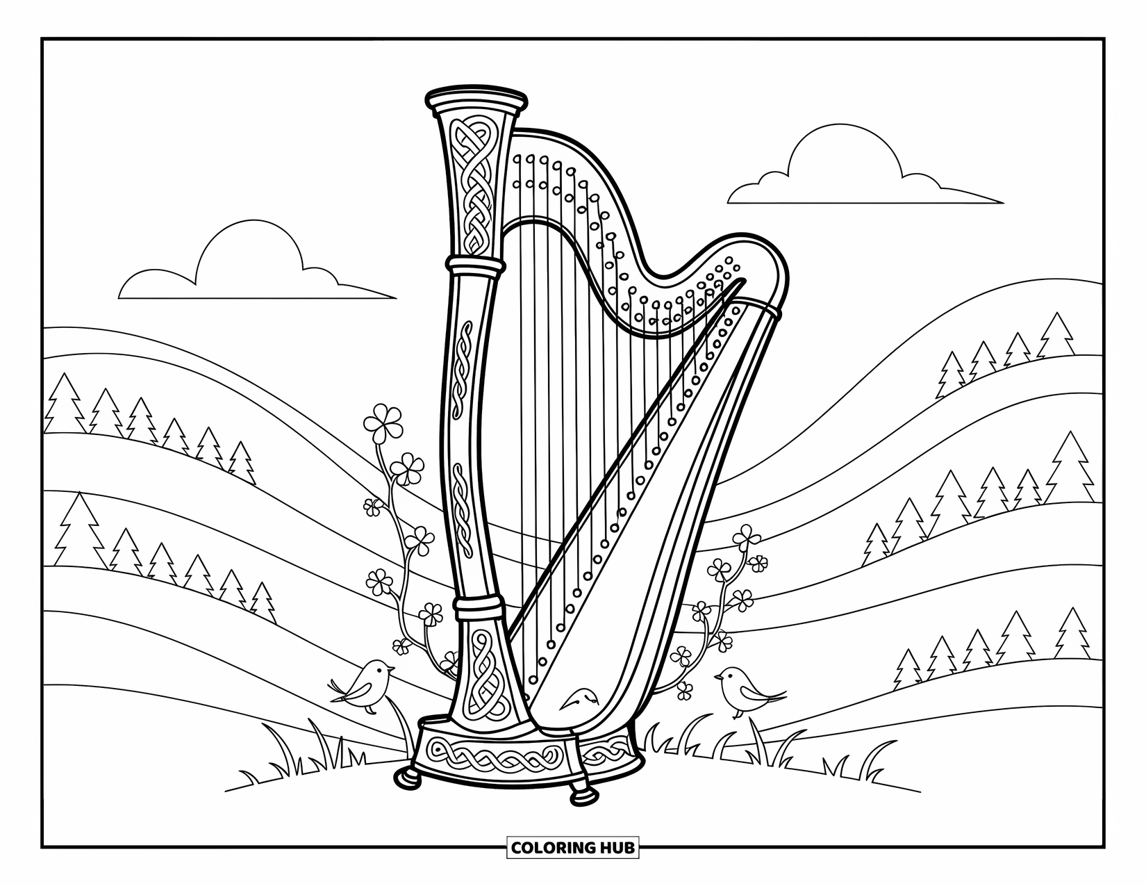 St. Patrick_S Day Coloring Page for Adults: A Celtic harp wrapped in vines and shamrocks resting on soft grass
