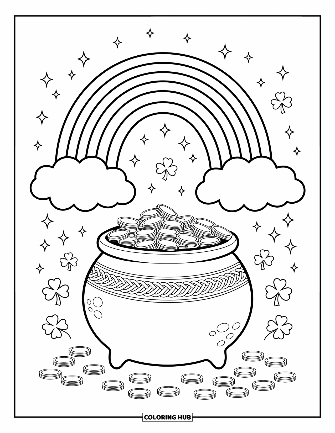 St. Patrick_S Day Coloring Page for Adults: A Celtic pot filled with coins at the foot of a rainbow and clouds