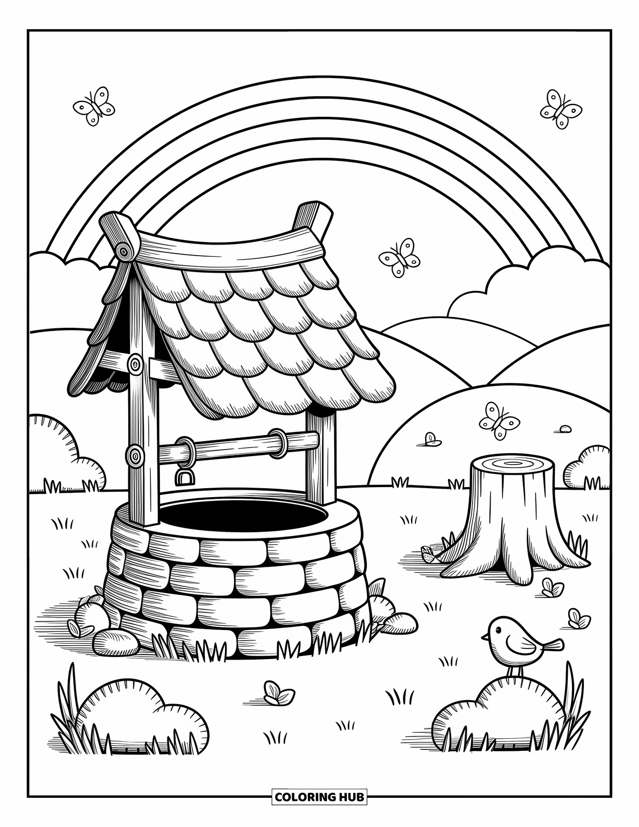 St. Patrick_S Day Coloring Page for Adults: A Celtic wishing well surrounded by birds, butterflies, and wildflowers
