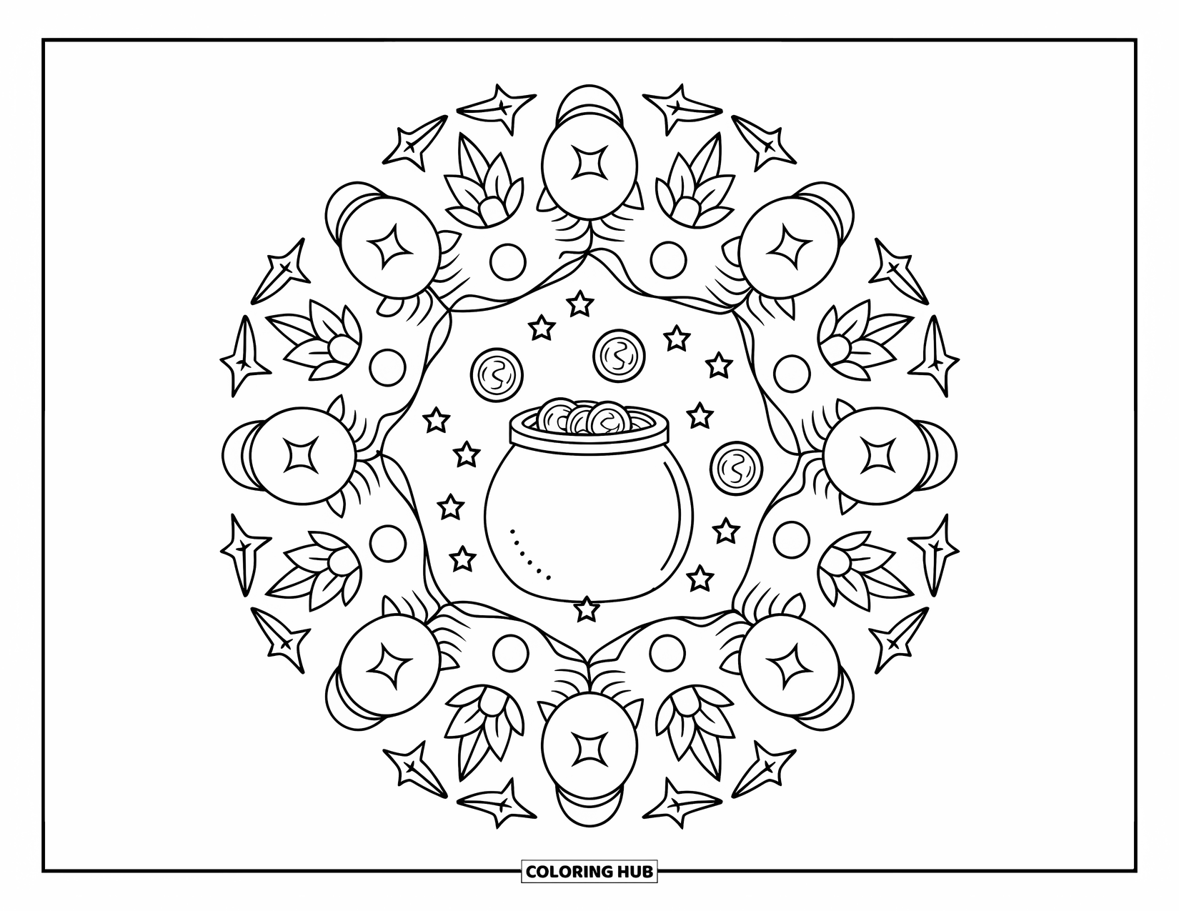 St. Patrick_S Day Coloring Page for Adults: A circular mandala of coins and leaves with a pot of gold in the middle