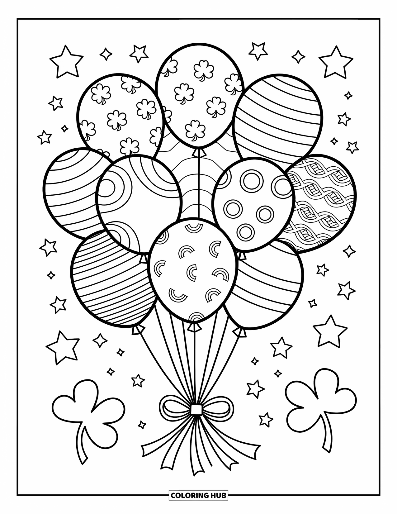 St. Patrick_S Day Coloring Page for Adults: A cluster of balloons with shamrocks, rainbows, and Celtic knot designs