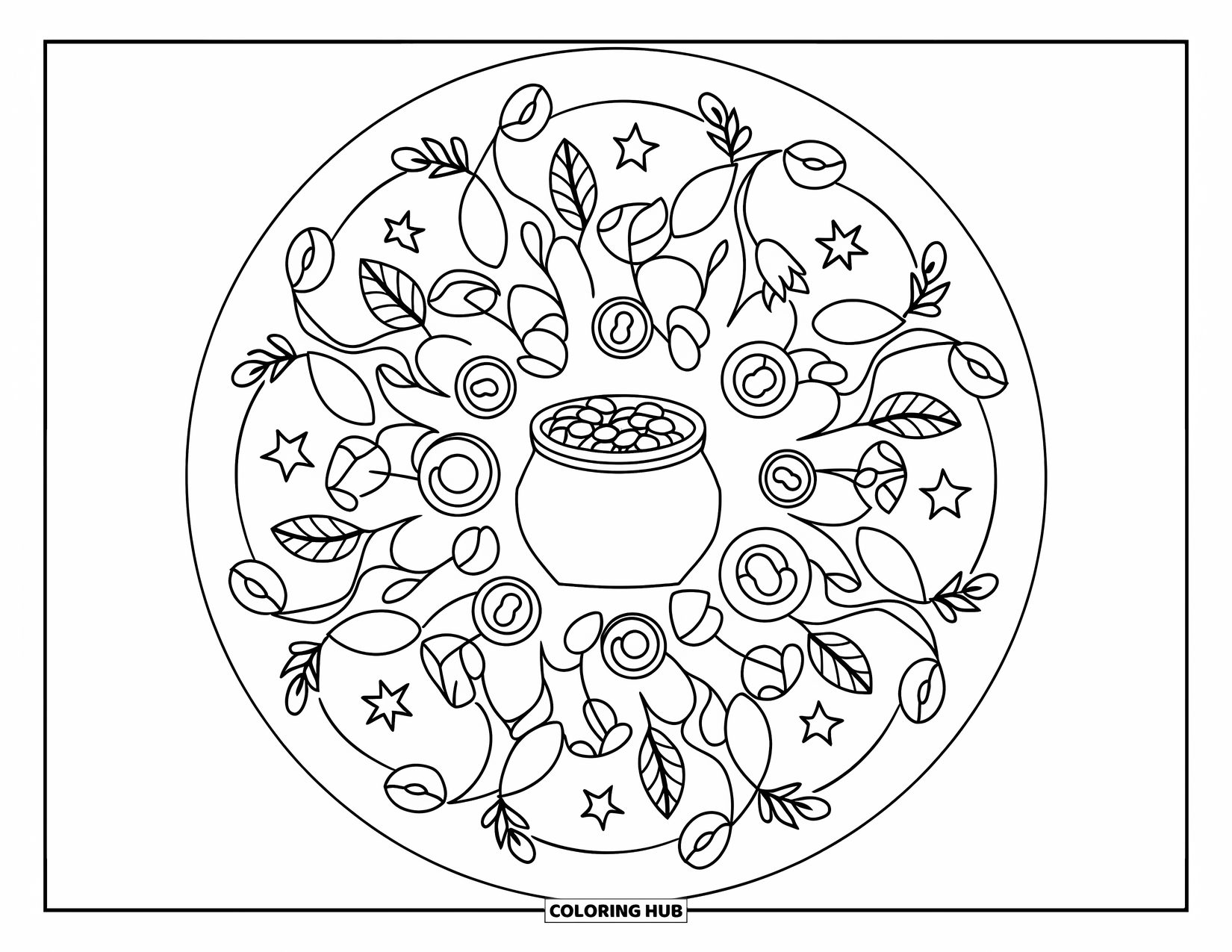 St. Patrick_S Day Coloring Page for Adults: A detailed mandala of coins and stars surrounding a pot of gold