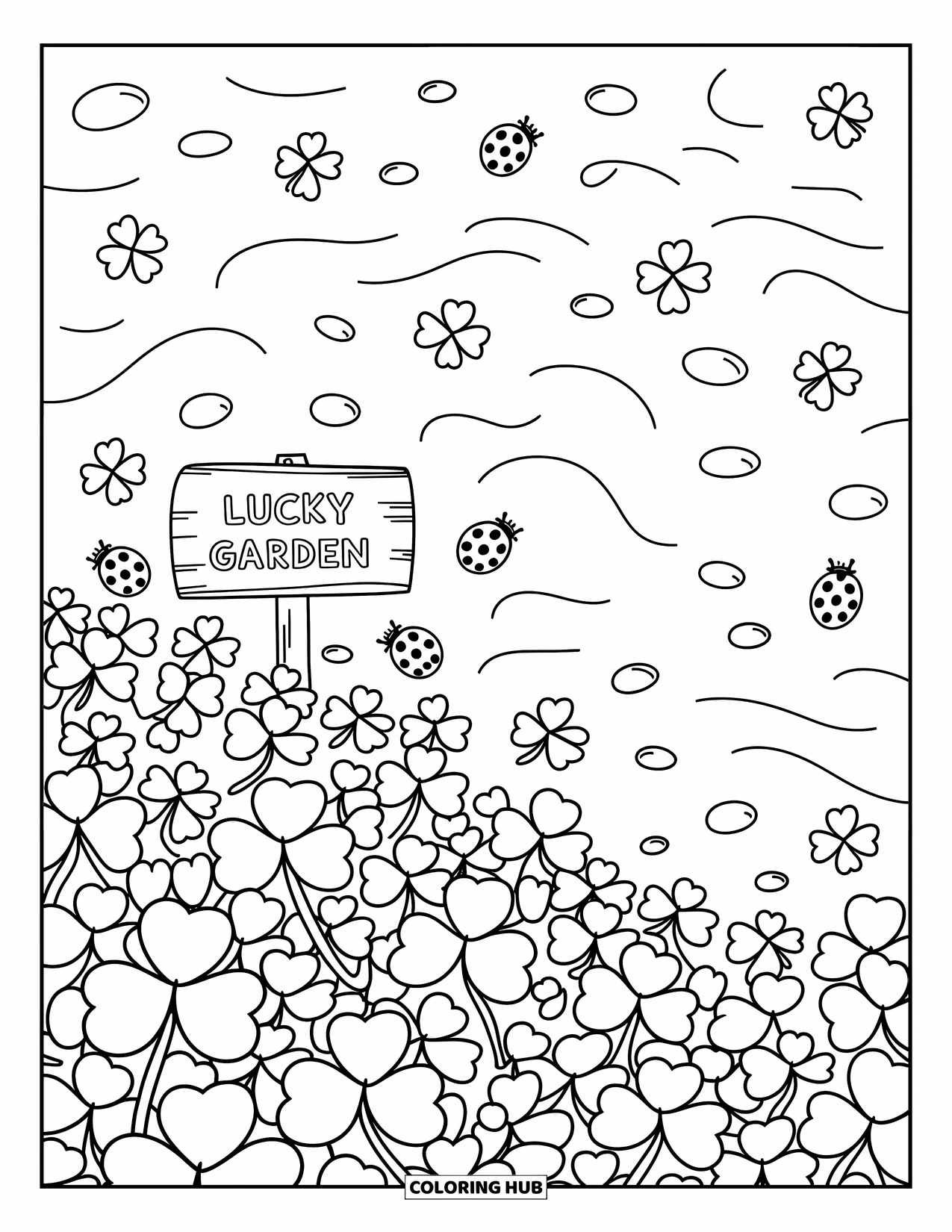 St. Patrick_S Day Coloring Page for Adults: A field of three and four-leaf clovers with a carved "Lucky Garden" sign