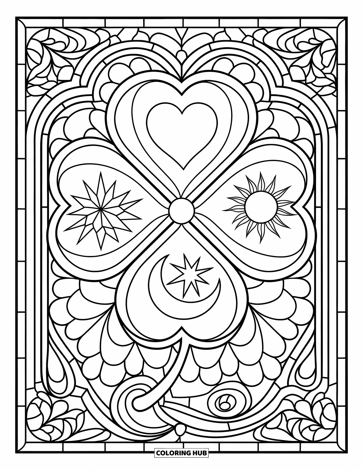 St. Patrick_S Day Coloring Page for Adults: A four-leaf clover with heart, star, moon, and sun set in swirling patterns