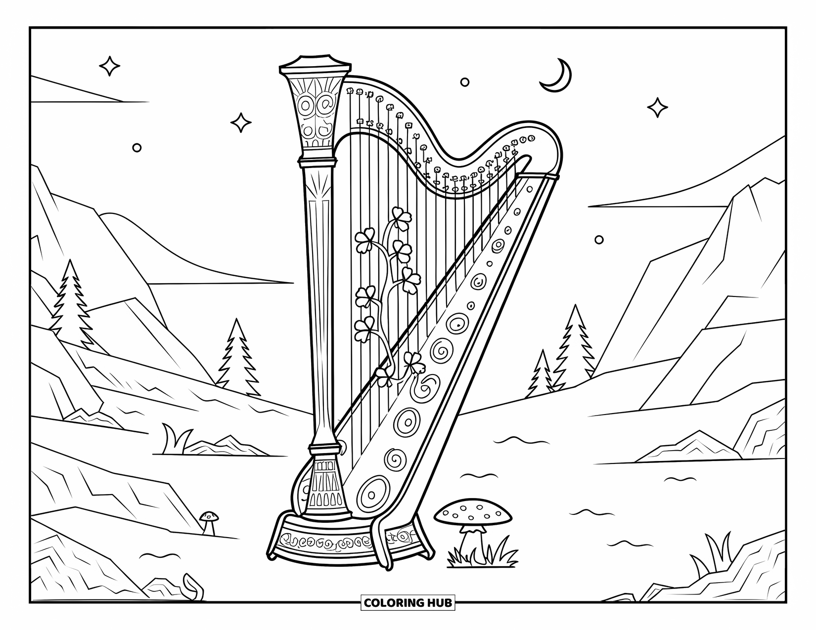 St. Patrick_S Day Coloring Page for Adults: A harp with shamrocks and stars under a crescent moon on rocky terrain