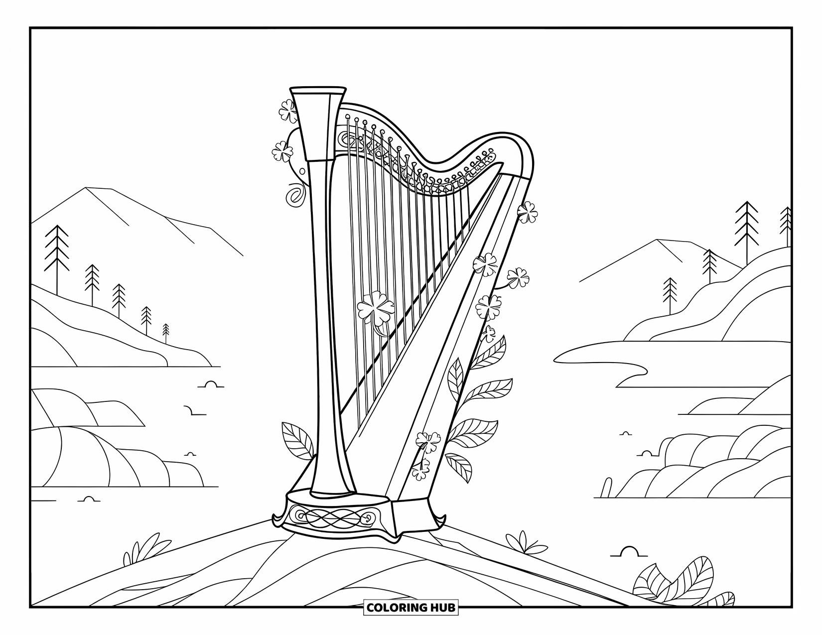 St. Patrick_S Day Coloring Page for Adults: A harp with shamrocks and vines growing from its strings on rocky ground